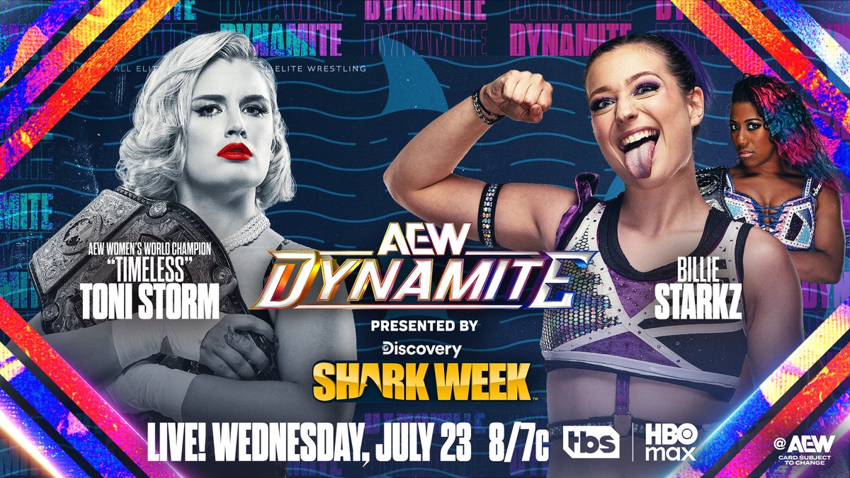 AEWonTV's tweet image. .@AthenaPalmer_FG sends her top minion @BillieStarkz to try and test the toughest shark in the water this Wednesday night in "Timeless" Toni Storm
Don't miss a moment of this match presented by @SharkWeek LIVE this Wednesday at 8/7c when #AEWDynamite is on TBS and HBO Max