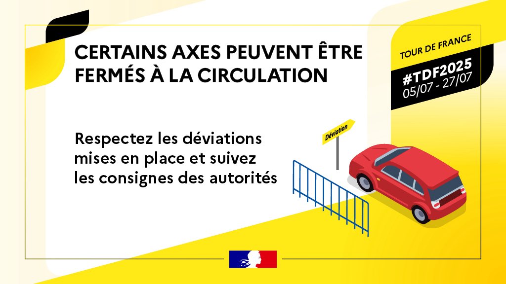 Prefet34's tweet image. #TDF2025 | La 16ème étape du Tour de France, c’est demain !
⚠️ La circulation des véhicules sera interdite sur l’ensemble du parcours au moins une heure avant le passage de la caravane publicitaire, et sera rouverte progressivement (entre 15 minutes et 1 heure) après le…