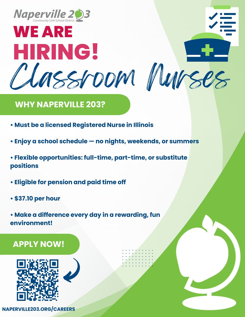 Naperville203's tweet image. 🩺 We&apos;re hiring Classroom Nurses!

✅ IL RN license required
📅 No nights, weekends, or summers
🔁 FT, PT &amp;amp; sub roles
💵 $37.10/hr + pension &amp;amp; PTO
🌟 Make a daily difference in students&apos; lives!

👉 Apply now: ow.ly/Msff50WsCGb

#Elevate203
