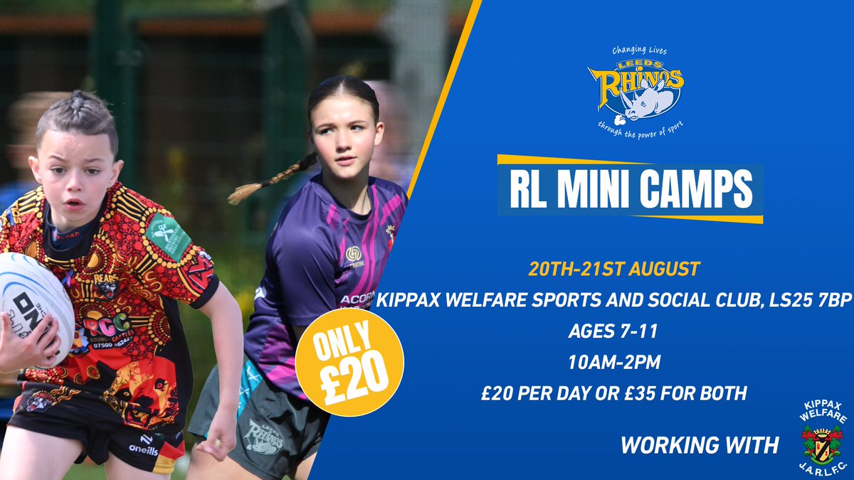 RugbyLeeds's tweet image. ๐๐๐ฌ๐ ๐ ๐ฅ๐ ๐ ๐ถ๐ป๐ถ ๐๐ฎ๐บ๐ฝ๐จ
Working with @kippaxwelfarerl our mini camps run for children aged 7-11 looking to learn new skills all whilst having fun๐
๐Kippax Welfare, LS25 7BP
โฐ 10am-2pm
๐ท ยฃ20 per day or ยฃ35 for both days!
Book your place๐tr.ee/NgW04s