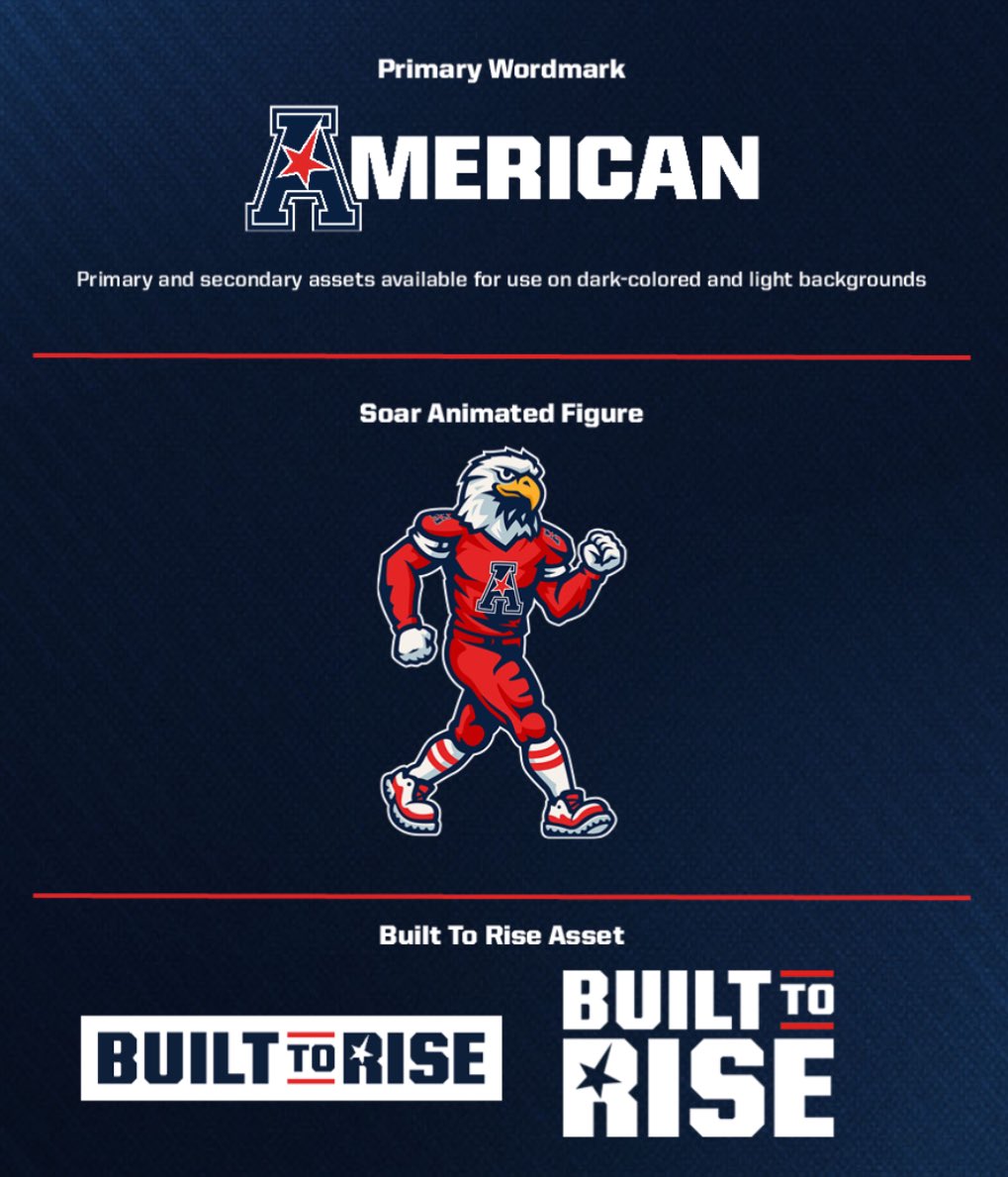CFBKings's tweet image. The American Athletic Conference is now just the American Conference.
Along with the name change, the American is introducing a mascot for their entire conference named “Soar the Eagle.”
Their new tagline is “Built to Rise.”