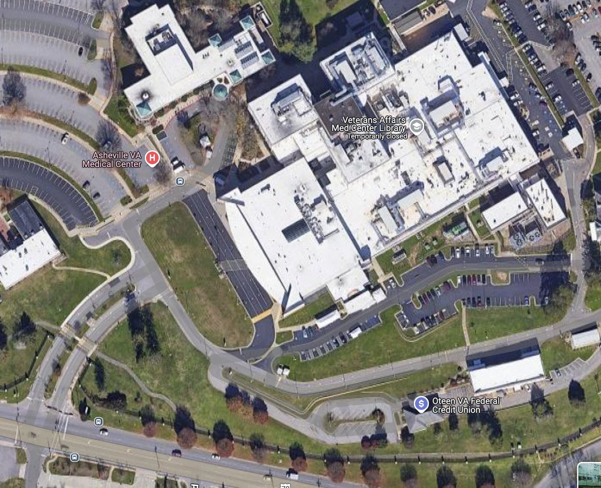humantransit's tweet image. In the US, @DeptVetAffairs VA Hospitals are usually designed to be especially hostile fortresses to anyone not in a car.
So bravo to this one in Asheville, NC. Only 700 feet from bus stops on the nearby road to the front door! Amazing by US standards.