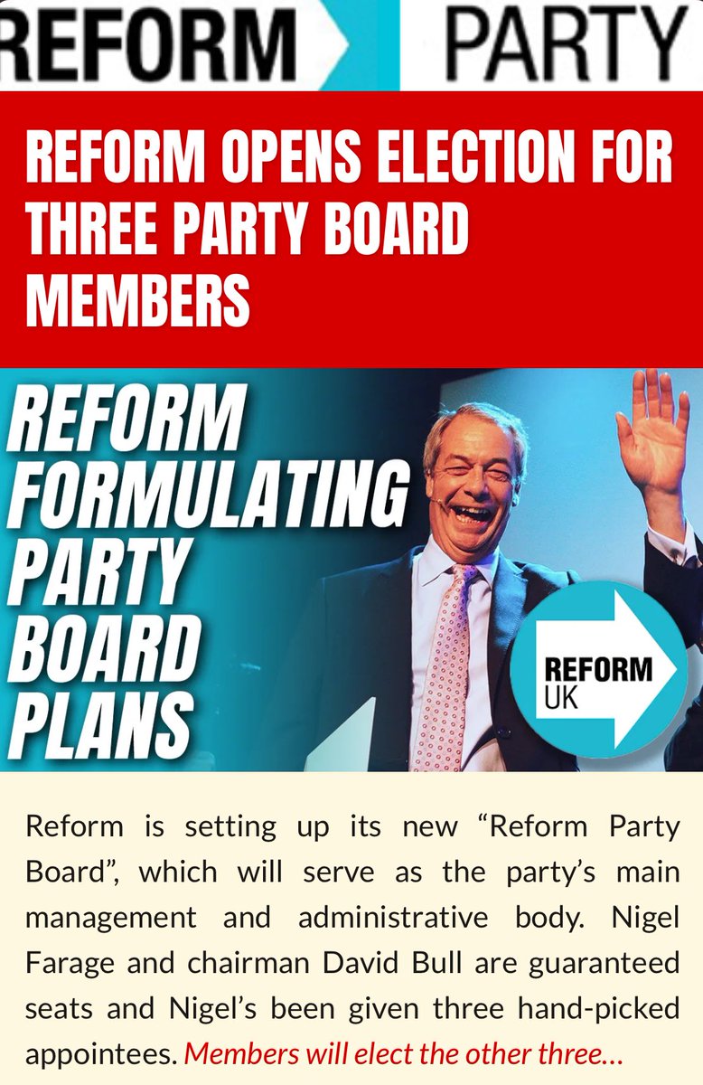 WorldByWolf's tweet image. So Reform’s party board will include Farage, his hand picked Chairman David Bull, three more hand picked appointees, and a token three elected members.
Meaning @Nigel_Farage and his cronies are guaranteed to make up a supermajority of the board.
Plus Farage would be able to…