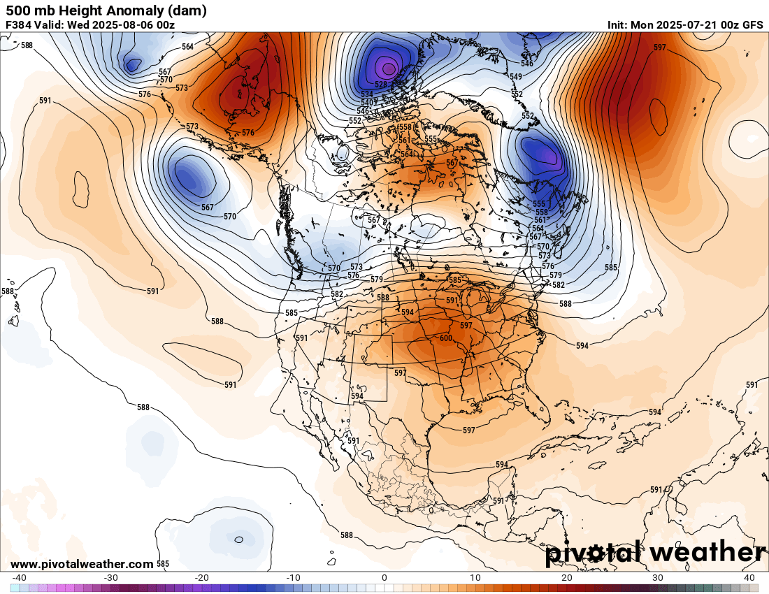 climateguyw's tweet image. Here is a textbook example of a CAT5 heat dome if it were to hold in place for a few days. CAT 5's in my book have the potential to kill >1000. BTW since the overly hot operational overextended GFS rarely verifies, we probably won't see a day like this in 2025...Thank goodness!