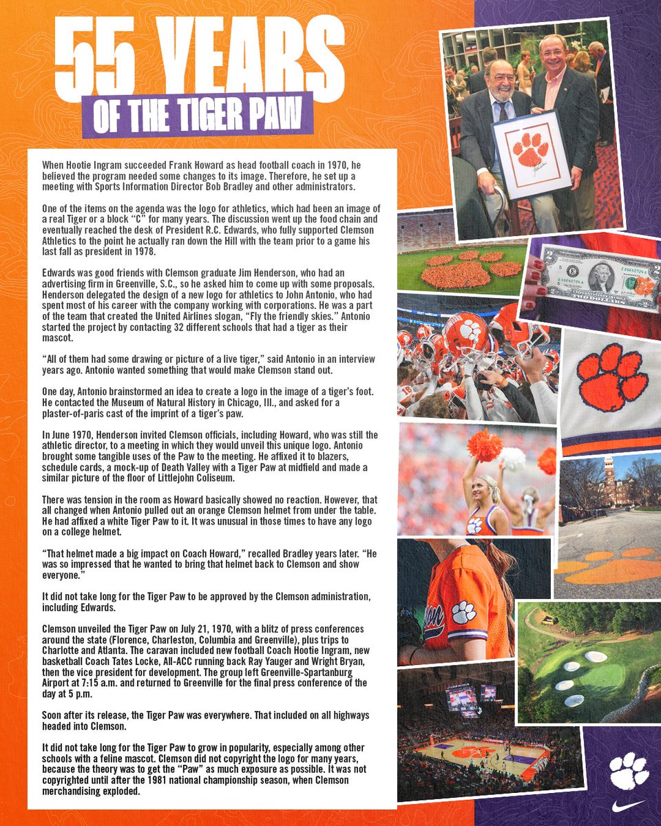ClemsonTigers's tweet image. On this date in 1970, our iconic Tiger Paw logo was officially unveiled! 🐅🧡
