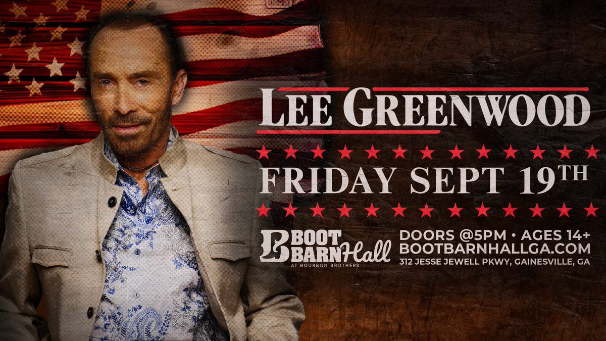 TheLeeGreenwood's tweet image. Come join Lee Greenwood for a patriotic night of music on Friday, September 19 at Boot Barn Hall - Gainesville in Gainesville, GA!
Get tickets today!
leegreenwood.com/tour-2/