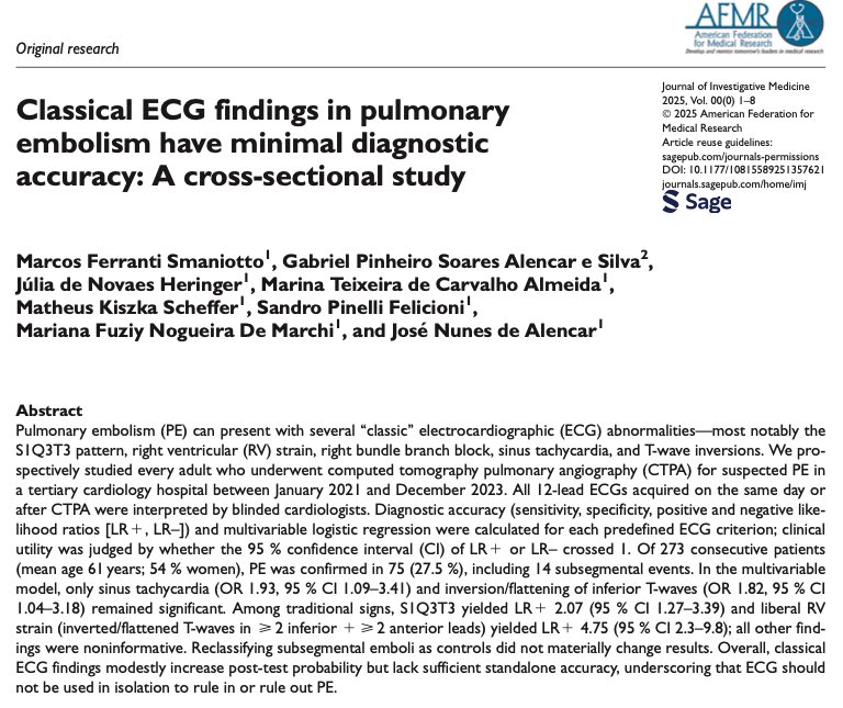 Eu já vivi isso e você também:
“O S1Q3T3 é o sinal mais específico para TEP, logo, confirma doença”.

Há erros conceituais graves nisso (ignora que a especificidade é medida em razão do padrão-ouro), mas vamos além:
 
Vejamos a acurácia dos sinais de TEP em nossa nova pesquisa: