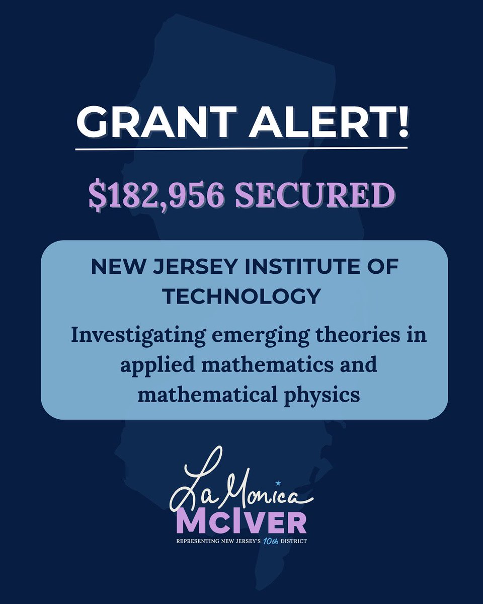 RepLaMonica's tweet image. 💵 Grant Alert 💵 I’m happy to announce that @njit received $182,956 to support their research to advance foundational mathematical science and investigate new technologies that rely on wave manipulation. I’m proud to represent a district that’s home to such important innovation!