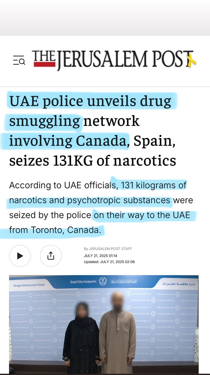 MelissaLMRogers's tweet image. YIKES π¨π¦ UAE just busted a drug smuggling operation involving Canada. 131 KGβs of narcotics and psychotropic substances were seized by the police on their way to the UAE from Toronto π€―
