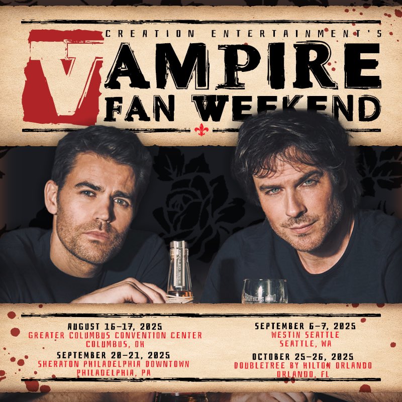 CreationEnt's tweet image. Looking to see some of your favorite cast members from #TheVampireDiaries, #TheOriginals & #Legacies?
Check out our Vampire Fan Weekend tour dates for 2025 — we’re heading to Columbus, Seattle, Philadelphia and Orlando (plus we will have more dates to be announced for 2026,…