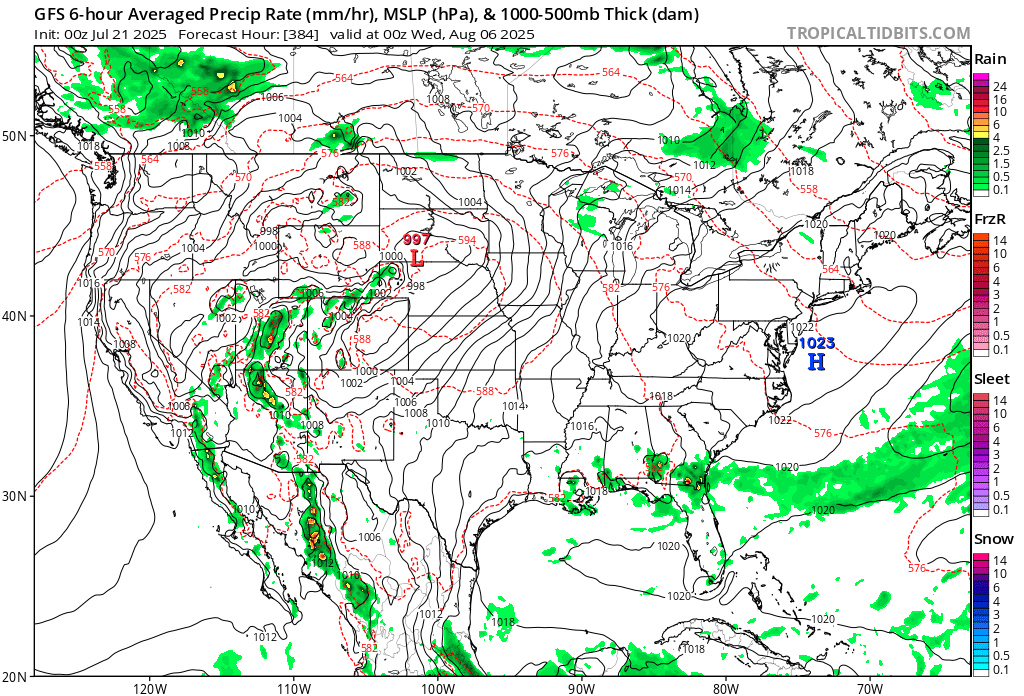 climateguyw's tweet image. Here is a textbook example of a CAT5 heat dome if it were to hold in place for a few days. CAT 5's in my book have the potential to kill >1000. BTW since the overly hot operational overextended GFS rarely verifies, we probably won't see a day like this in 2025...Thank goodness!