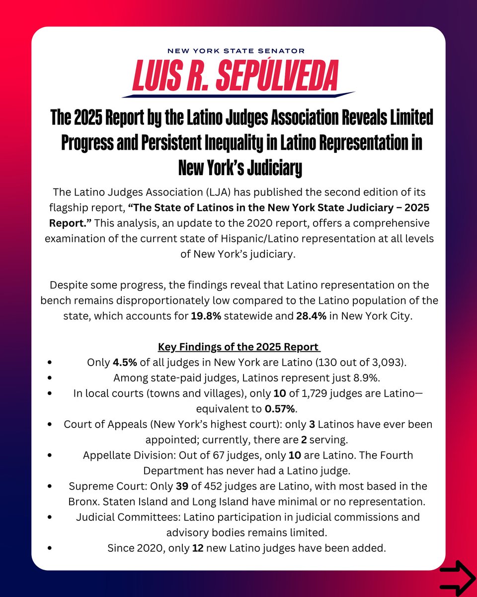 nysensepulveda's tweet image. It is an honor to support the publication of the 2025 Report, a rigorous tool for evaluation, advocacy, and accountability that strengthens our commitment to equitable representation in the judicial system.