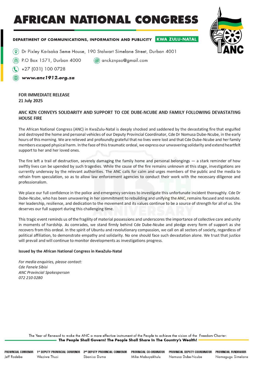 ANCKZN's tweet image. ANC KZN CONVEYS SOLIDARITY AND SUPPORT TO CDE DUBE-NCUBE AND FAMILY FOLLOWING DEVASTATING HOUSE FIRE