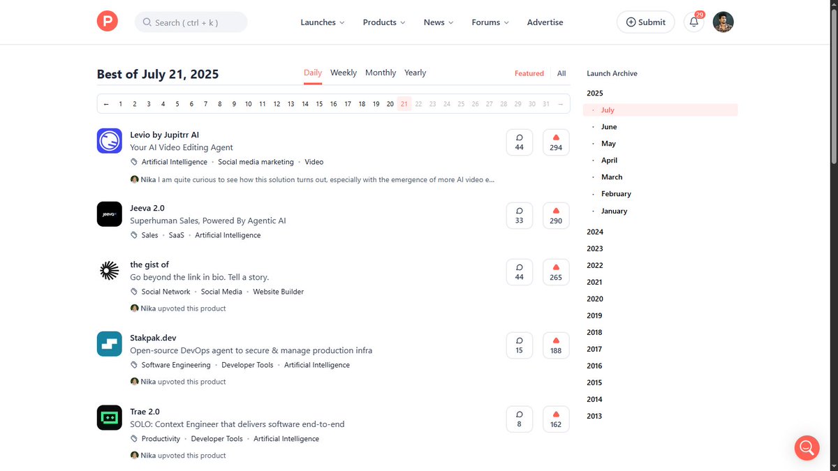 mrsskonline's tweet image. 21/JULY/2025 - Tools I upvoted on @ProductHunt
1️⃣ Levio by Jupitrr AI @jupitrr_ai, @harrischh
2️⃣ Jeeva 2.0 @jeeva_ai, @gauravbhattac16
3️⃣ the gist of
4️⃣ Stakpak Dev @stakpak_dev, @kajogo777
5️⃣ Trae 2.0 @Trae_ai, @gary_qz
Which one excites you?
Check them out & support!👍