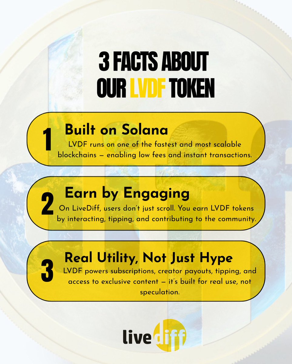 💡 3 Fast Facts About LVDF You Should Know!
From blazing speed on Solana to earning while engaging — the LVDF token is all about real value, not just hype. 🚀💛

#LiveDiff #LVDF #Web3Community #CryptoUtility #Solana #CreatorEconomy #EarnByEngaging