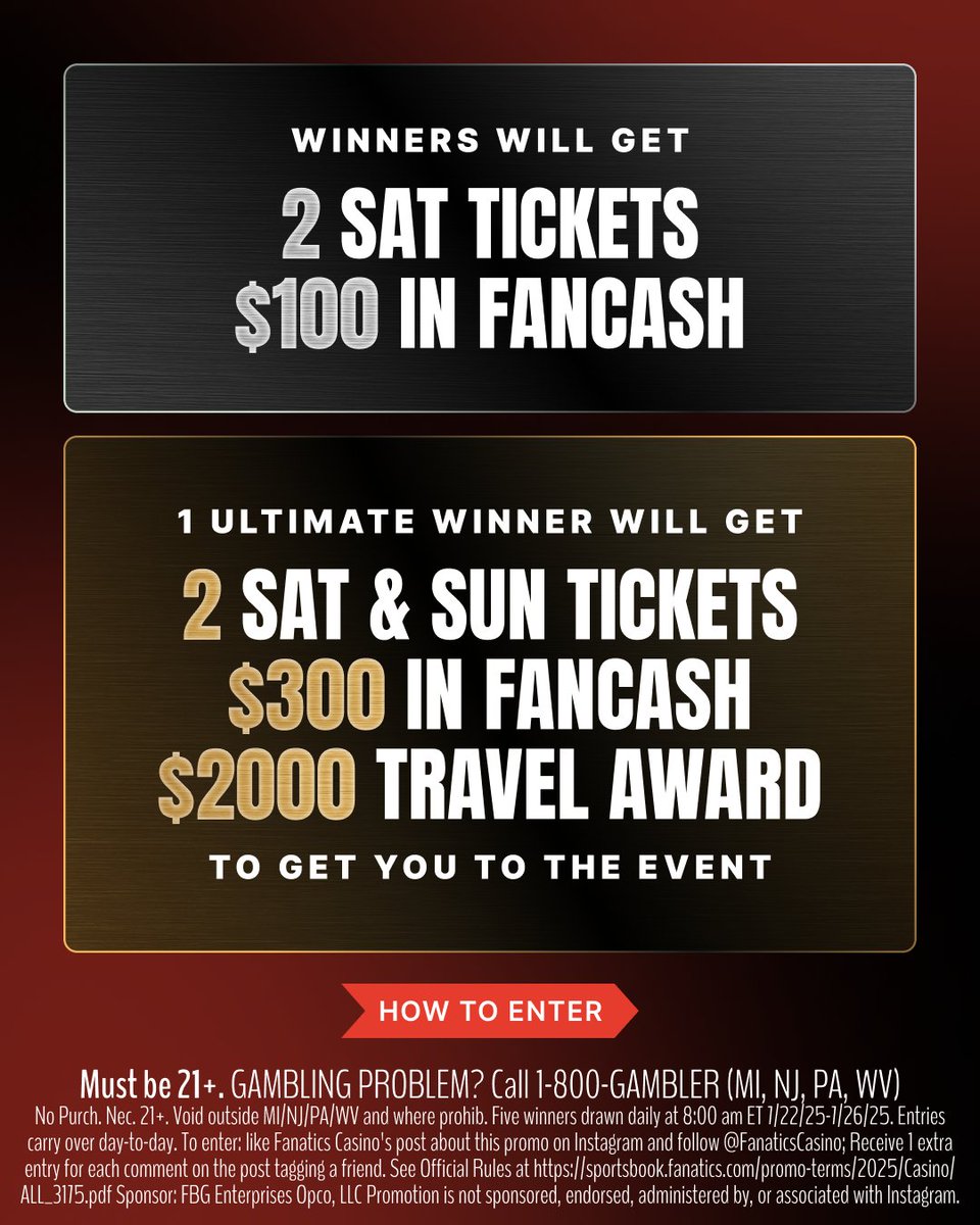 FanaticsCasino's tweet image. Enter the ring and win tickets to WWE SummerSlam 💥
1 - Follow @fanaticscasino on IG
2 - Like the #SummerSlam Sweepstakes post
3 - Tag your friend in the comments for extra entries
(1 entry = 1 comment + tag)
Names will be drawn daily. Drawn winners will have 72 hours to…