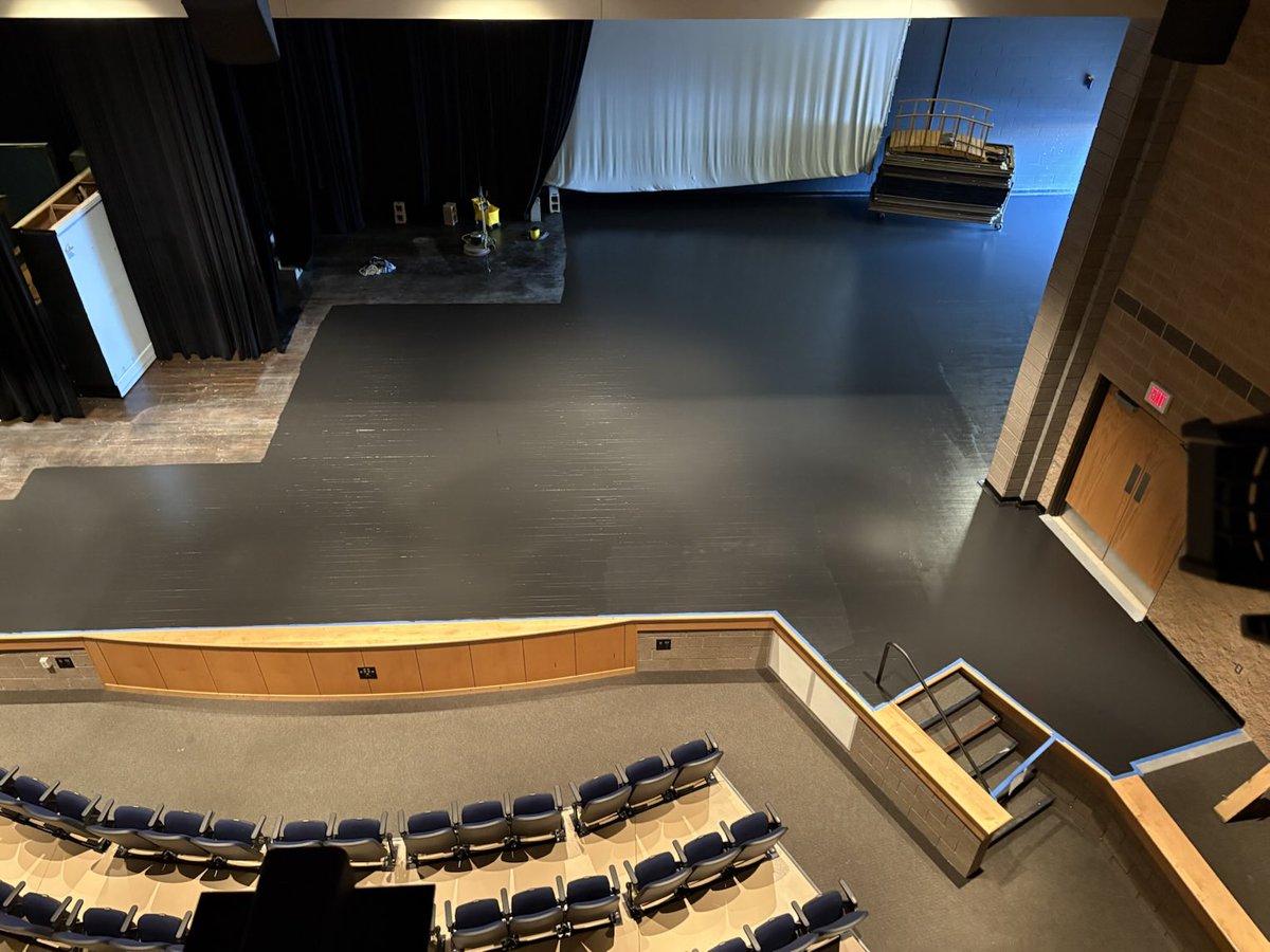 The HS Auditorium is getting a facelift with sanding and staining of the stage. Thanks to Lonnie and Scott from Custodial for their efforts. This will look great!