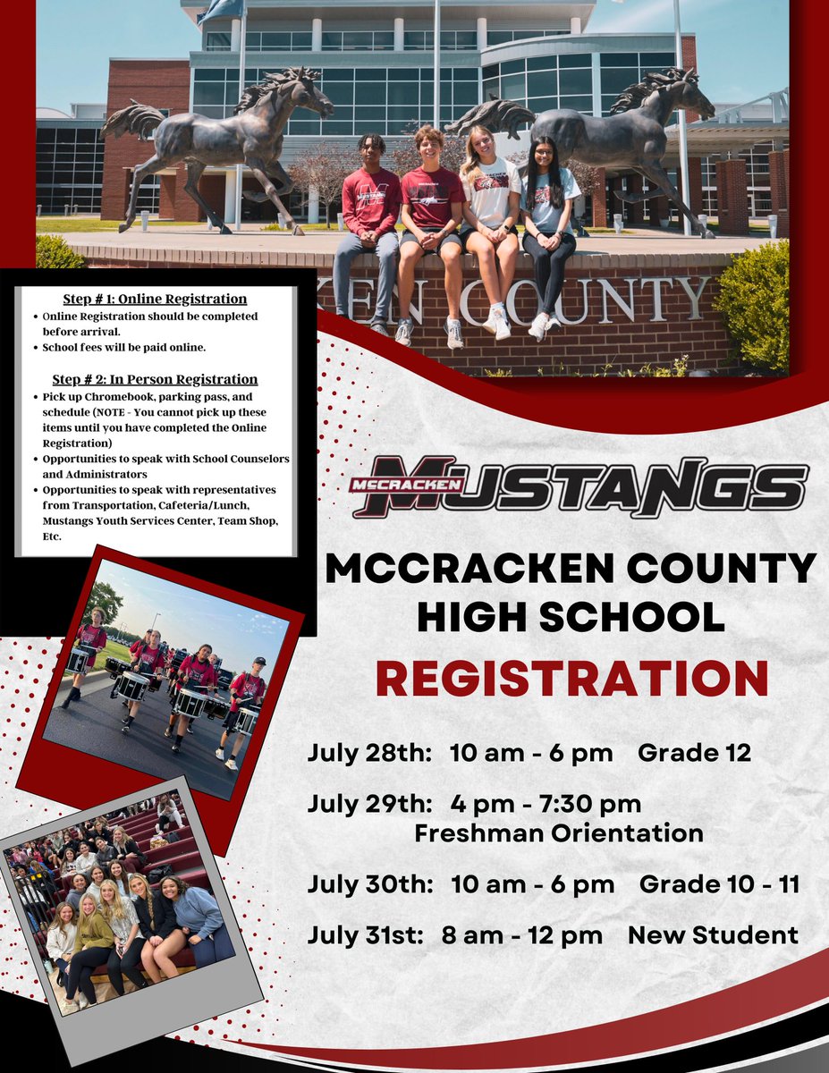 Attention McCracken Mustangs! 
Make sure to check out all the registration information and dates.
Reminder: Online registration should be completed before attending in-person registration.