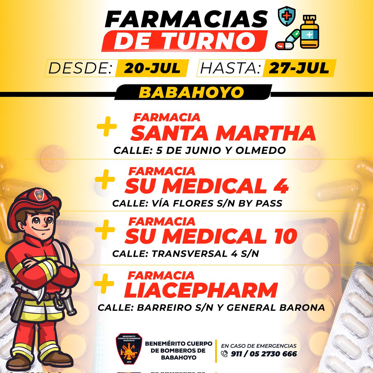 📍 #Babahoyo

Farmacias de turno vigentes desde el 20 hasta el 27 de julio de 2025, según el cronograma de la Agencia Nacional de Regulación, Control y Vigilancia Sanitaria (Arcsa).

#BomberosBabahoyo
#ServirBien