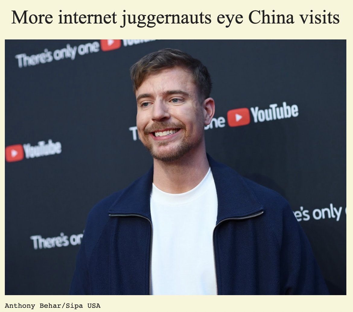 jdcapelouto's tweet image. In last night's @semafor Media newsletter: Chinese state media is claiming more internet celebs including MrBeast and Khaby Lame are planning to visit
comes after IShowSpeed's visit earlier this year was hailed as a huge soft-power win for showing the world the "real China"