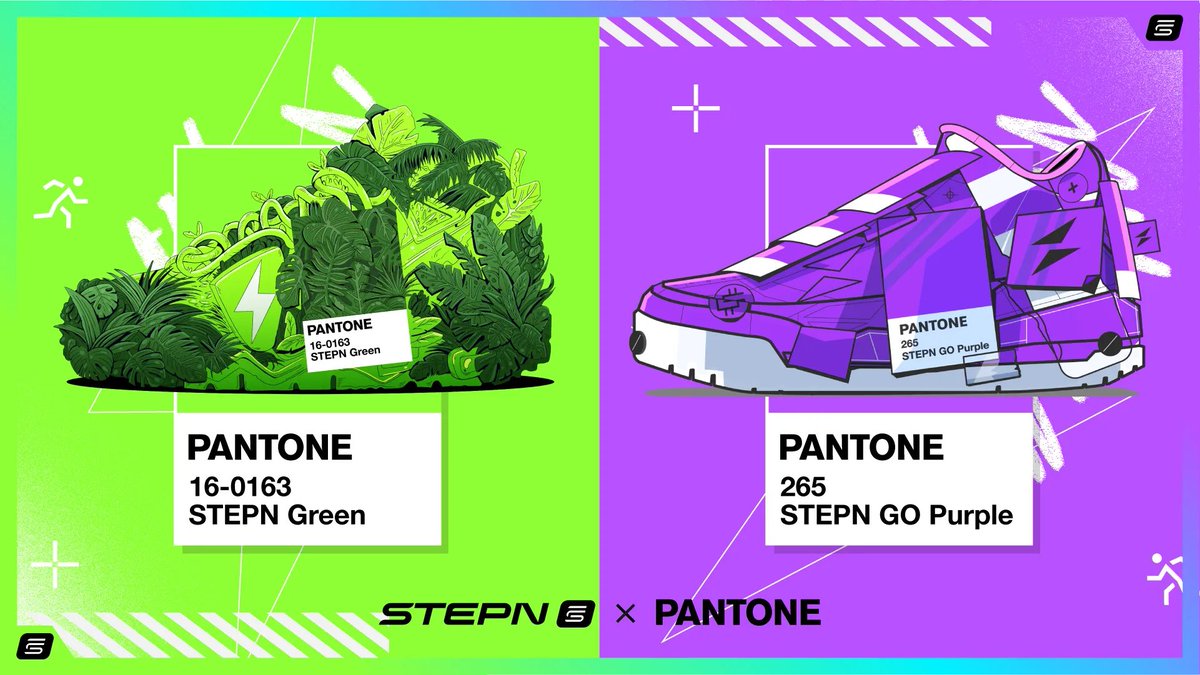 Movement just got a new color identity. 🌱👟
<a href="/Stepnofficial/">STEPN GO</a>  x @Pantone present Stepn Green and 4 exclusive Genesis Sneakers, each inspired by a different expression of motion.
Limited drop: July 23–27 at mooar.com
Start moving: stepngo.com