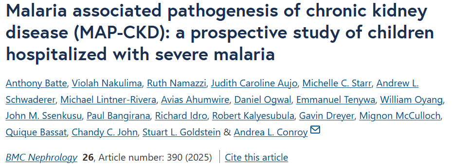 Dr. Andrea Conroy, PhD (she/her) (@andrealconroy) on Twitter photo For anyone interested in our ongoing work on acute kidney injury in severe malaria, our study protocol is online! We're almost done with enrollment across 3 sites!
rdcu.be/exaHt
Thanks to our funders <a href="/NIAIDNews/">NIAID News</a> <a href="/Fogarty_NIH/">Fogarty at NIH</a> and partners. <a href="/BatteAnthony/">Anthony Batte</a> For anyone interested in our ongoing work on acute kidney injury in severe malaria, our study protocol is online! We're almost done with enrollment across 3 sites!
rdcu.be/exaHt
Thanks to our funders <a href="/NIAIDNews/">NIAID News</a> <a href="/Fogarty_NIH/">Fogarty at NIH</a> and partners. <a href="/BatteAnthony/">Anthony Batte</a>