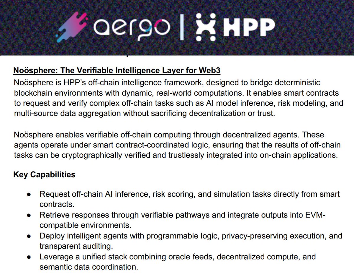 DesignBlock ⚔️ (@joselitommutuc) on Twitter photo Got some infor about Noösphere from <a href="/aergo_io/">Aergo (HPP)</a>
Noösphere enables verifiable off-chain computing through decentralized agents. These agents operate under smart contract-coordinated logic...
read more from the whitepaper: hpp.io/static/media/H… $AERGO Got some infor about Noösphere from <a href="/aergo_io/">Aergo (HPP)</a>
Noösphere enables verifiable off-chain computing through decentralized agents. These agents operate under smart contract-coordinated logic...
read more from the whitepaper: hpp.io/static/media/H… $AERGO