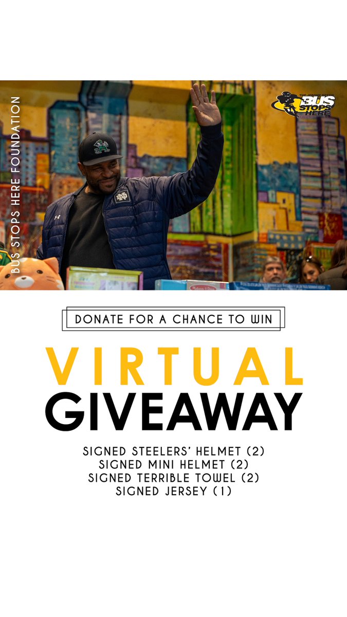 JeromeBettis36's tweet image. 🚨 Your chance to give and get is here! 🚨
I launched the @BusStopsHereFdn to open doors through computer science education.
Now through July 31, donate ANY amount & you’re entered to win:
🏈 Signed PIT/ND Helmet
🏈 Mini Helmet
🏈 Jersey
🏈 Terrible Towel
Donate now:…