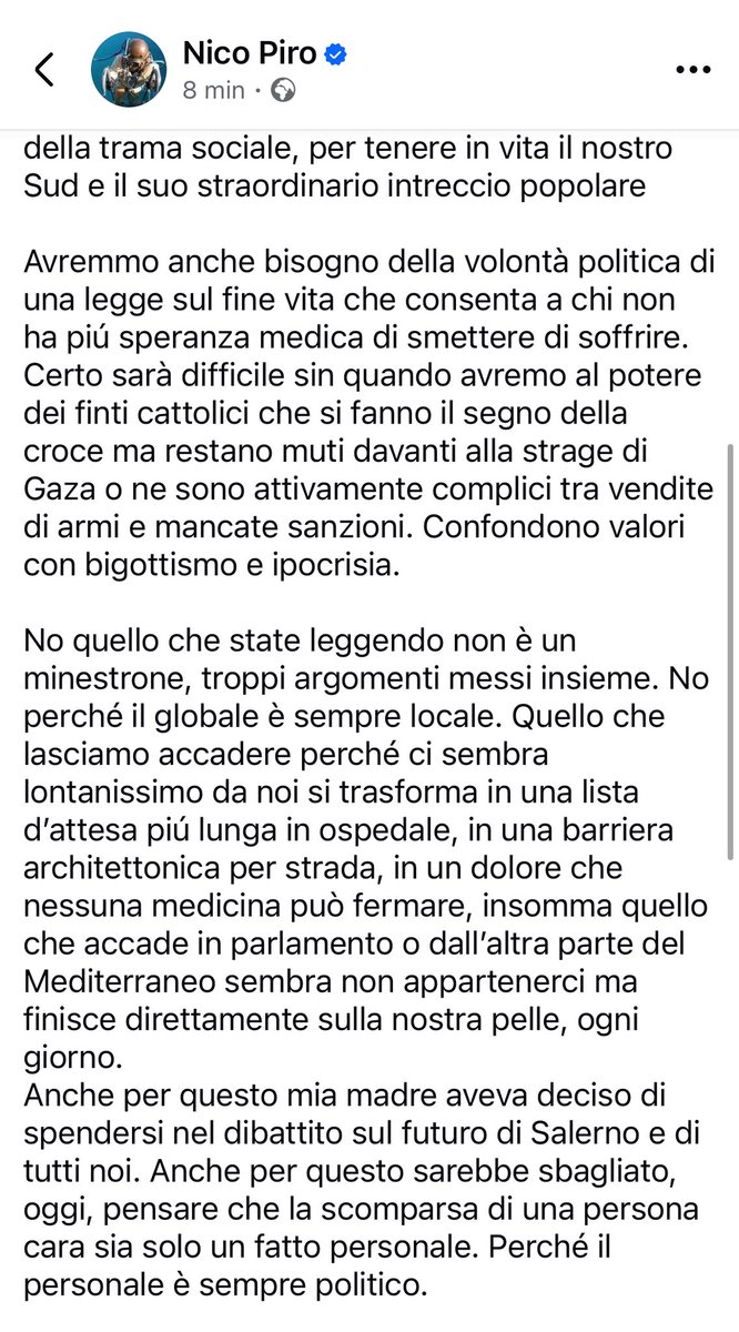 _Nico_Piro_'s tweet image. Ringranzio tutti quelli che, anche su questo social, mi hanno espresso vicinanza per la scomparsa terrena di mia mamma. Una riflessione su questi fatti della vita 👇 perché il personale è sempre politico