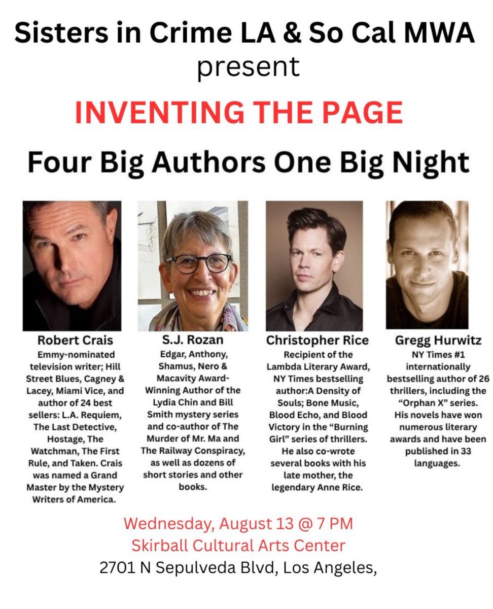 robertcrais's tweet image. Hey, LA people! Event alert! Come see me, Rozan, Rice, and Hurwitz talk about the craft of writing on Wed., Aug. 13 at the Skirball Center in West L.A.! We’ll be signing books so grab a copy of THE BIG EMPTY!