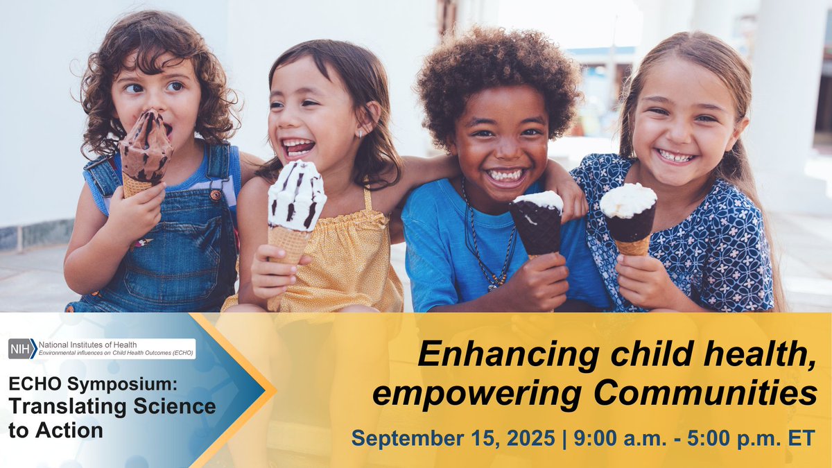 Get the scoop on how early environmental factors shape #ChildHealth—and how we can translate science into action. Join us Sept. 15 at #ECHOSymposium2025, live in Bethesda or online, for a day of research, insight, and impact! Free registration: cvent.me/8229Py