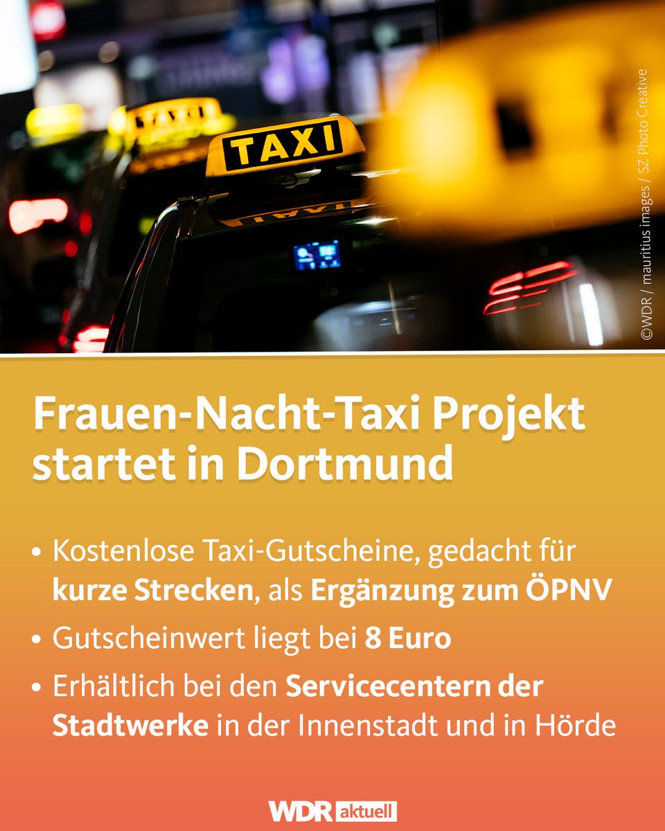 WDRaktuell's tweet image. In Dortmund startet heute das Frauen-Nacht-Taxi-Projekt. Dadurch können Frauen und weiblich gelesene Personen Gutscheine für Taxifahrten in der Nacht bekommen. Ziel ist es, die Sicherheit von Frauen auf dem Heimweg zu erhöhen.
www1.wdr.de/nachrichten/ru…