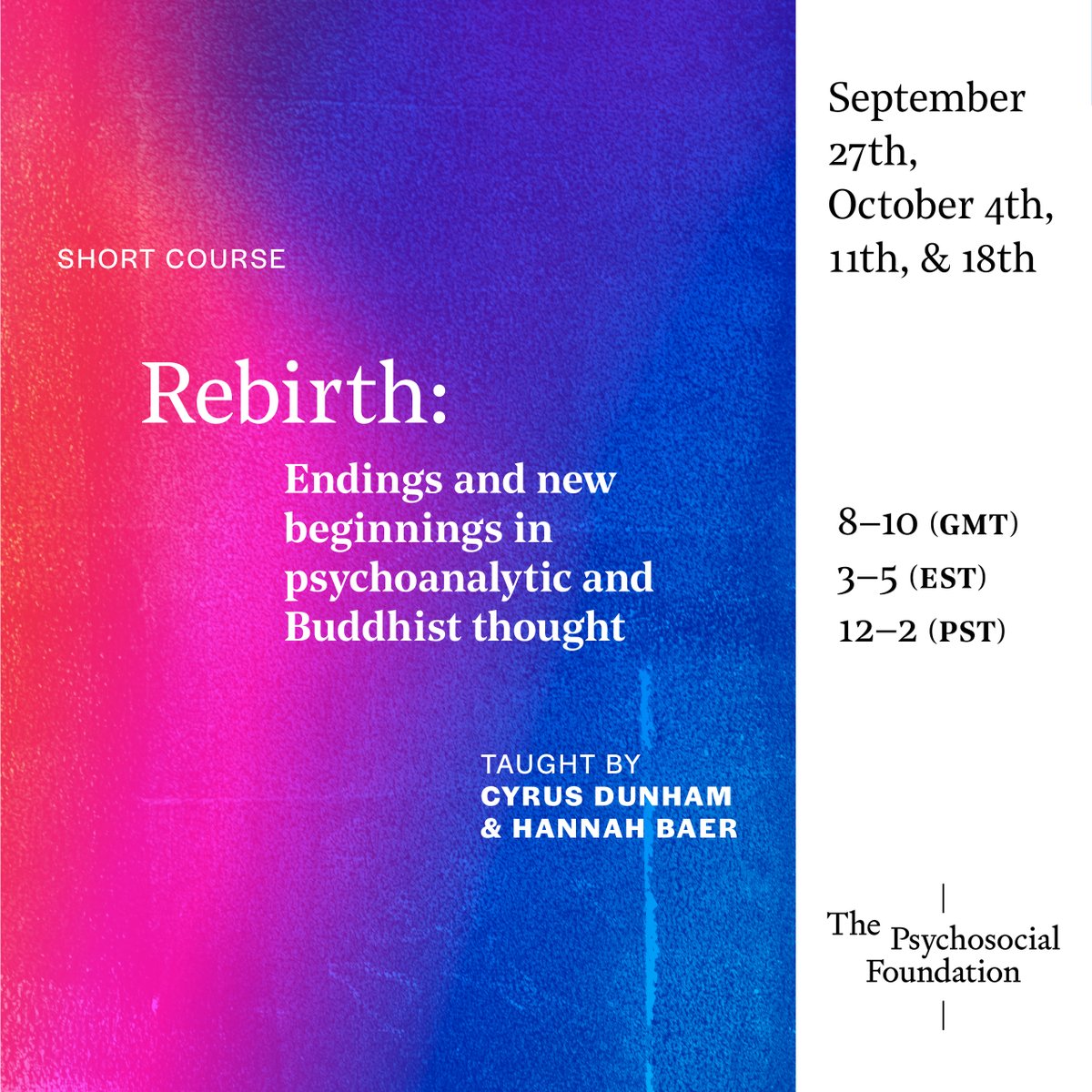 PsychosocialFo1's tweet image. Today we begin enrolling our Fall courses!
with Cyrus Dunham, hannah baer, Jake Romm, Daniel Polyak, Toni Hellmann, Francis Gooding, and Akshi Singh:
For more information:
thepsychosocialfoundation.org/short-courses
For registration:
thepsychosocialfoundation.org/store