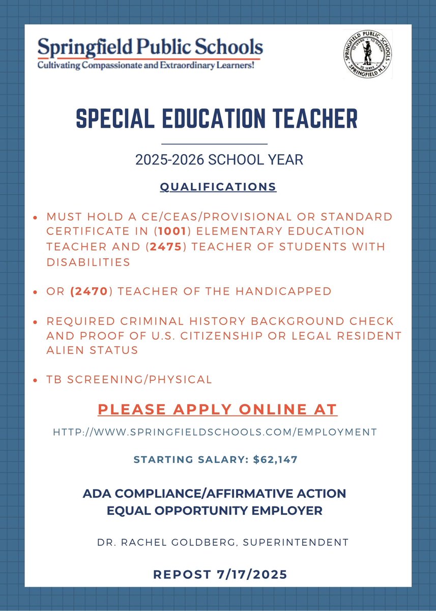 Springfield Schools (@springfieldschs) on Twitter photo Announcement: Special Education Teacher <a href="/NJSchoolJobs/">NJSchoolJobs.com</a>
To Apply: applitrack.com/springfield/on… Announcement: Special Education Teacher <a href="/NJSchoolJobs/">NJSchoolJobs.com</a>
To Apply: applitrack.com/springfield/on…