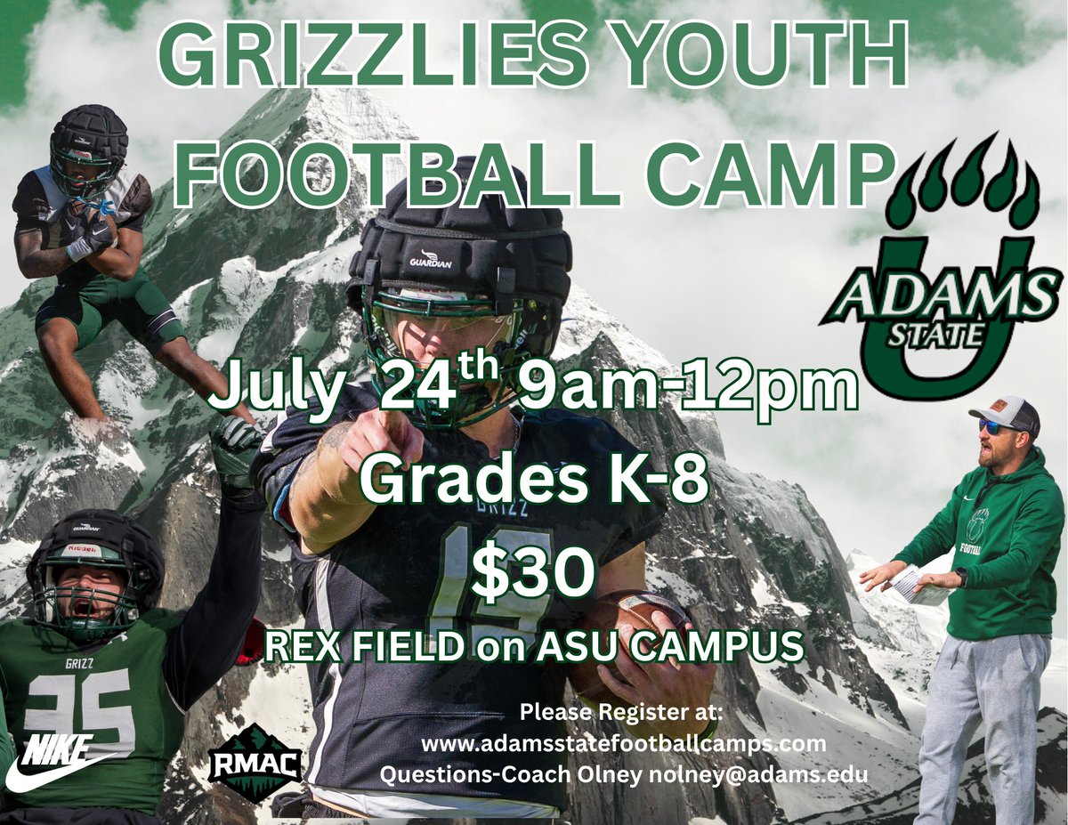 Join us for a fun-filled football experience led by Adams State coaches / players!
📅 July 24th
 ⏰ 9 AM–12 PM
 📍 Rex Field - ASU Campus
 👧🧒 Grades K–8
 💲 Only $30!
🔗 Register at adamsstatefootballcamps.com
Don’t miss your chance to train like a Grizzly💪💚
#GoGrizz #WeUsOur