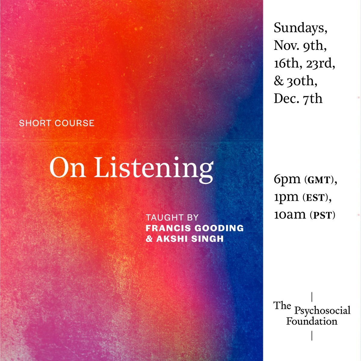 PsychosocialFo1's tweet image. Today we begin enrolling our Fall courses!
with Cyrus Dunham, hannah baer, Jake Romm, Daniel Polyak, Toni Hellmann, Francis Gooding, and Akshi Singh:
For more information:
thepsychosocialfoundation.org/short-courses
For registration:
thepsychosocialfoundation.org/store
