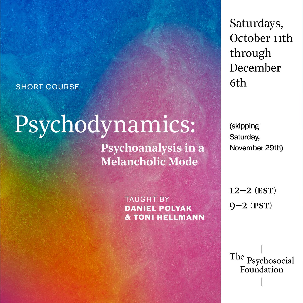PsychosocialFo1's tweet image. Today we begin enrolling our Fall courses!
with Cyrus Dunham, hannah baer, Jake Romm, Daniel Polyak, Toni Hellmann, Francis Gooding, and Akshi Singh:
For more information:
thepsychosocialfoundation.org/short-courses
For registration:
thepsychosocialfoundation.org/store