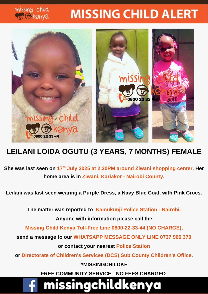 missingchild_ke's tweet image. LEILANI LOIDA OGUTU (3YRS 7MNTHS) FEMALE #MISSINGCHILDKE