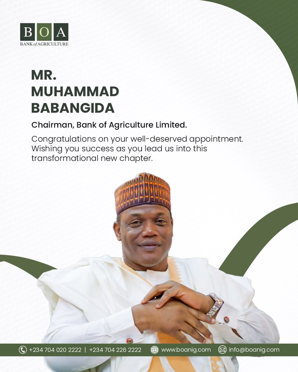 DefenceTimesNG1's tweet image. We proudly congratulate Mr. Muhammad Babangida on his appointment as Chairman of BOA by President Bola Ahmed Tinubu, GCFR.
Here’s to a new era of growth—where every seed sown becomes a harvest for all Nigerians. 🌱🇳🇬
#BOANigeria #Agriculture #RenewedHope