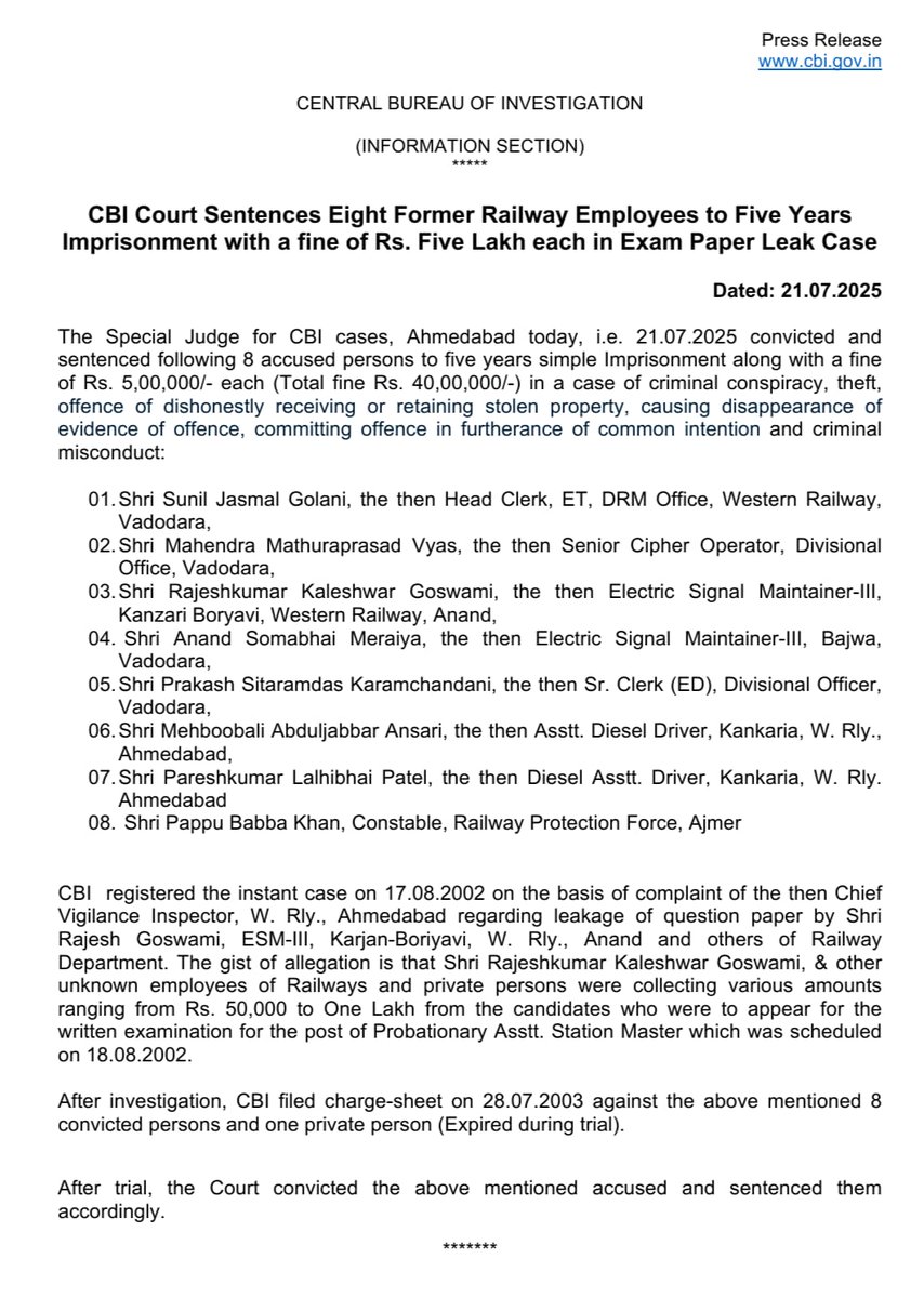 CBI Court Sentences Eight Former Railway Employees to Five Years Imprisonment with a fine of Rs. Five Lakh each in Exam Paper Leak Case