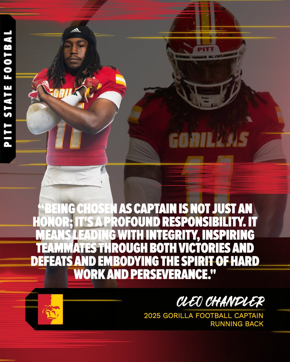 Next up in our "Meet the Captains" series is running back Cleo Chandler, Jr. 

Cleo is a senior from Cleburne, Texas 🦍🏈

Mark your calendars now and make plans to come watch Chandler, Jr. and the Gorillas this fall --->pittstategorillas.com/sports/footbal…