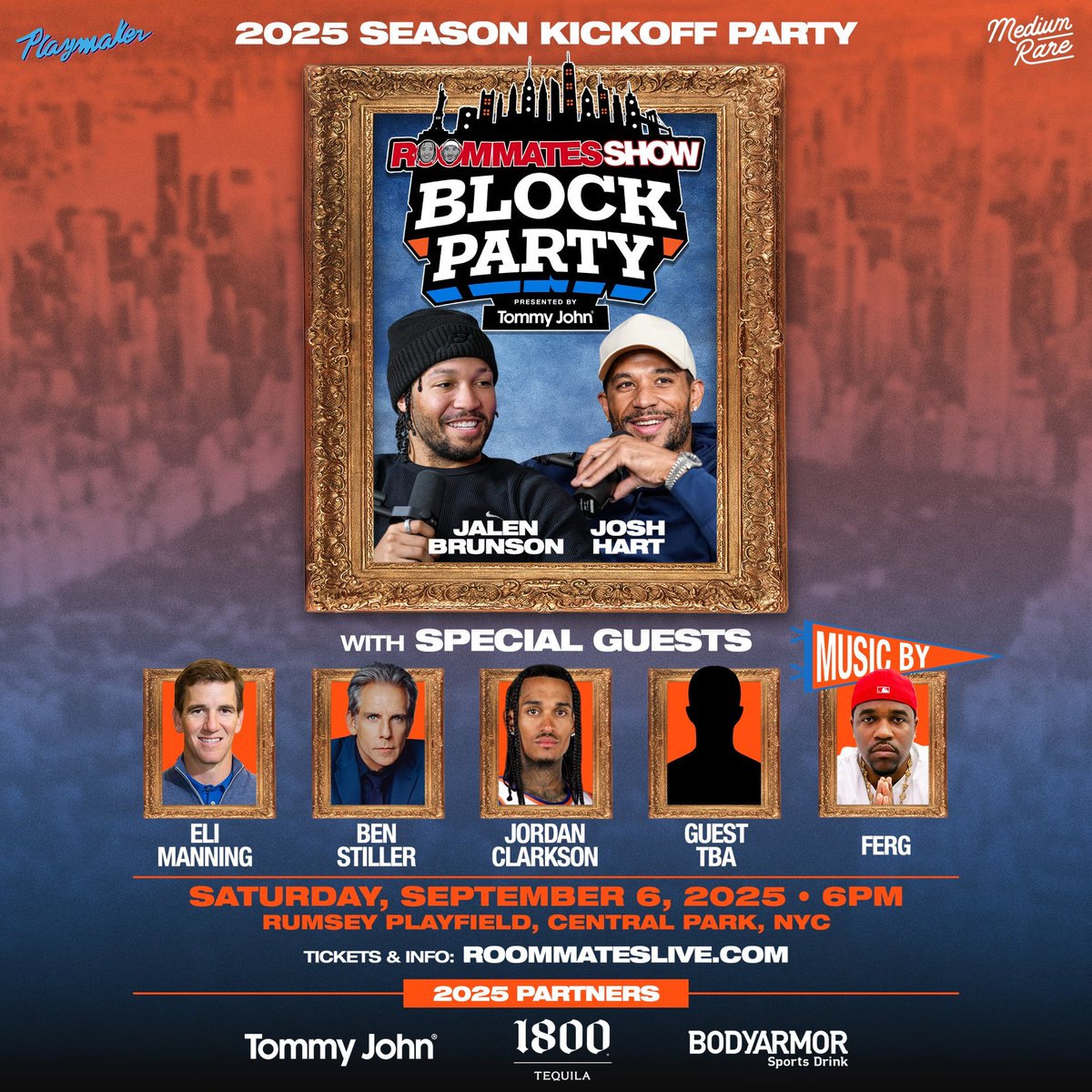 SbondyNBA's tweet image. Josh Hart and Jalen Brunson podcast will be at Central Park for a second straight year. Event is Sept. 6 at 6 pm. Tickets start at $80 and go on sale July 25 at 10 am at this website roommateslive.com. You can preregister for tickets now.