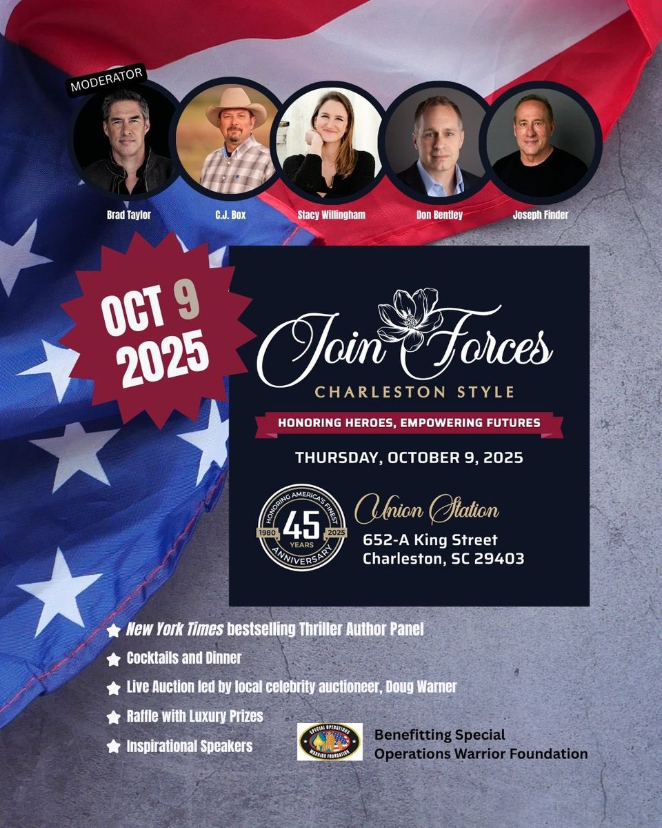 We’re thrilled to announce the return of our author fundraiser in Charleston, now reimagined as JOIN FORCES CHARLESTON STYLE (previously Thrills &amp; Chills) on October 9th, 2025!

This unforgettable evening brings together a dream team of New York Times bestselling thriller writers