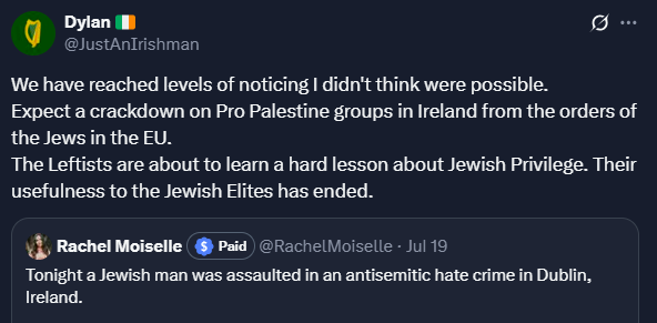 TullamoreJew_'s tweet image. Uniform reaction to the antisemitic assault video Iβve gotten from the Irish pro Palestine left:
Iβm sorry, this should have no place in Ireland, we must strengthen our solidarity
From the Irish far right: