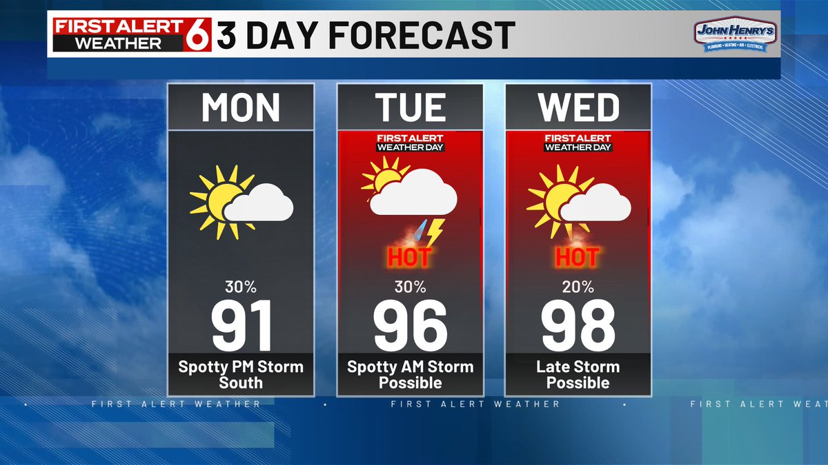 RustyLord's tweet image. Subtle tweaks to the forecast given the lack of confidence in how any storms will develop today and how soon any clouds will exit today and Tuesday. Still plenty humid and Tuesday & Wednesday are still on track to be the hottest days we've had in a month.