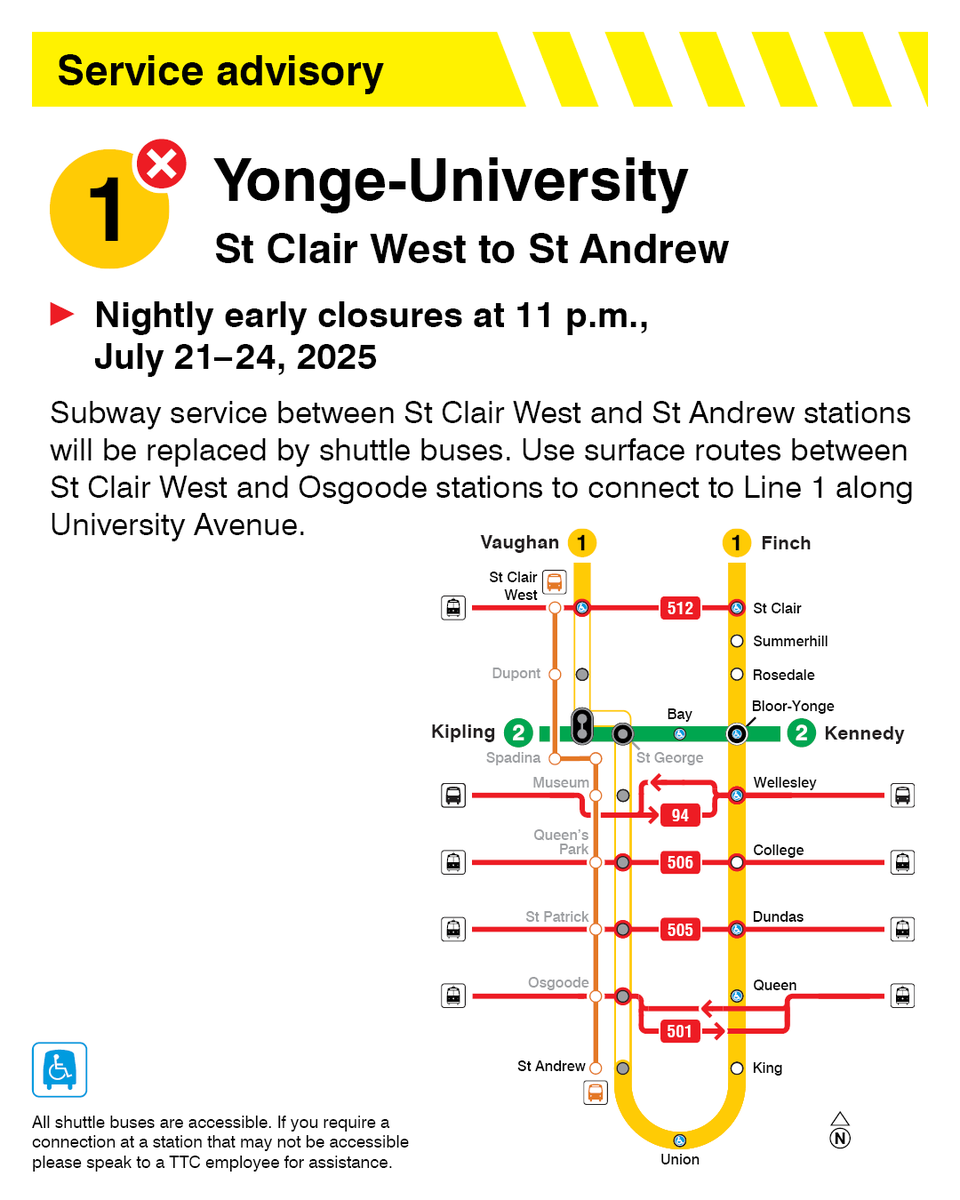 TTChelps's tweet image. Attention Line 1 customers: From July 21-24, service between St Clair West and St Andrew stations will be replaced by shuttle buses nightly starting at 11 p.m. for track work. Click here: bit.ly/4nXgiJb