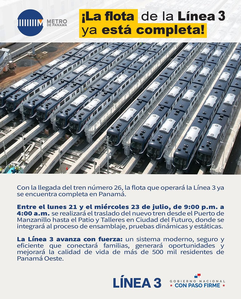 ¡#Línea3Pty avanza!
El tren tipo monorriel número 26 ya está en Panamá, completando así la flota que operará en la #Línea3.

A partir de hoy, lunes 21 de julio, será trasladado en horario nocturno, de 9:00 p.m. a 4:00 a.m.

#Panamá 🇵🇦
#ConectandoElOesteConLaCiudad