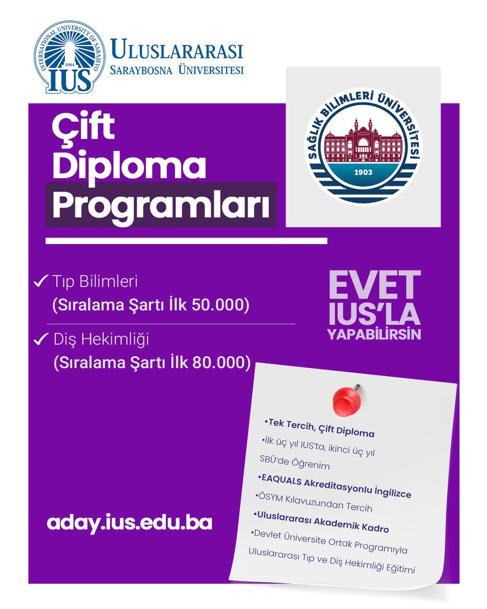 H_TOPALOGLU_'s tweet image. Tek tercih çift diploma:
Türkiye’nin en büyük üniversitelerinden Sağlık Bilimleri Üniversitesi’nin Uluslararası Saraybosna Üniversitesimiz ile çift diploma programı ÖSYM. kılavuzunda yer aldı.
@sbuedutr
@iussarajevo