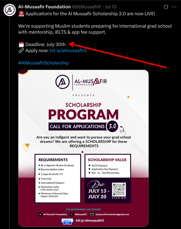 AlMusaafirF's tweet photo. 📢 Clarification on Application Deadline

Correction Tweet: https://t.co/A1VKMac3jC https://t.co/LpNE8hRVBi