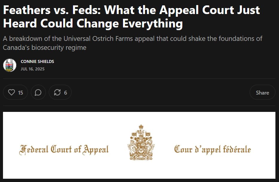 Feathers vs. Feds: What the Appeal Court Just Heard Could Change Everything - A breakdown of the Universal Ostrich Farms appeal that could shake the foundations of Canada's biosecurity regime
saveourostriches.com/legal/ottawa-a…
(Source: Substack, C.Shields)

The Judge is preparing a decision